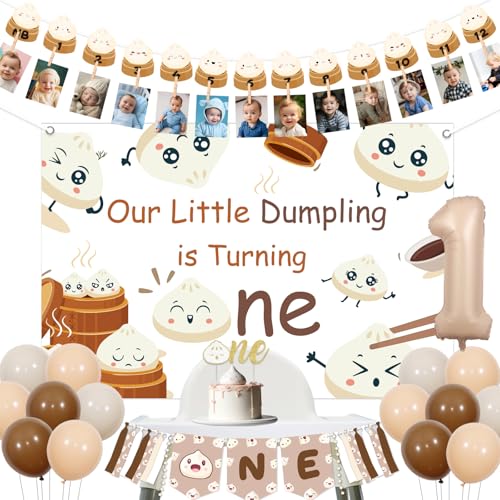 Funmemoir Dumpling Geburtstag Party Dekorationen 1. Hochstuhl Banner Kuchen Topper Monatliches Foto Banner Unser kleiner Knödel dreht einen chinesischen Essen erster Geburtstag Hintergrund Luftballons von Funmemoir