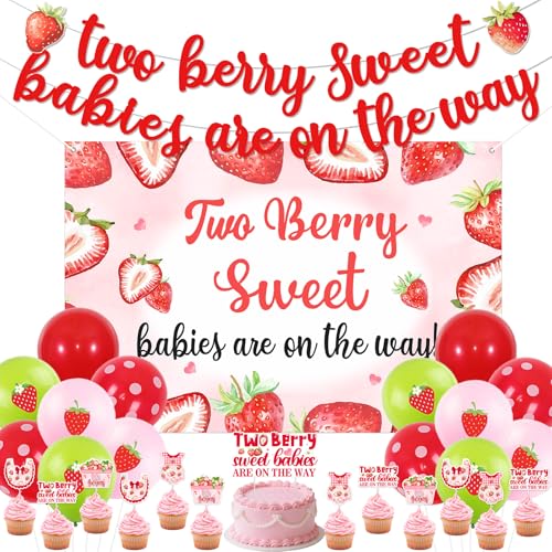 Funmemoir Erdbeer-Babyparty-Dekorationen, Zwillinge – Zwei Beeren-Süße-Babys sind auf dem Weg, Kuchen-Cupcake-Topper, Banner, Luftballons, zwei Beeren-Süße-Zwillinge, Babyparty-Dekorationen für von Funmemoir