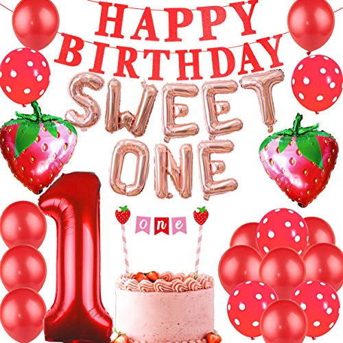Erdbeere 1. Geburtstag Party Dekoration für Mädchen Sweet One Luftballon Banner Cake Topper Happy Birthday Banner Nummer 1 Folienballon Erdbeerballons von Funmemoir