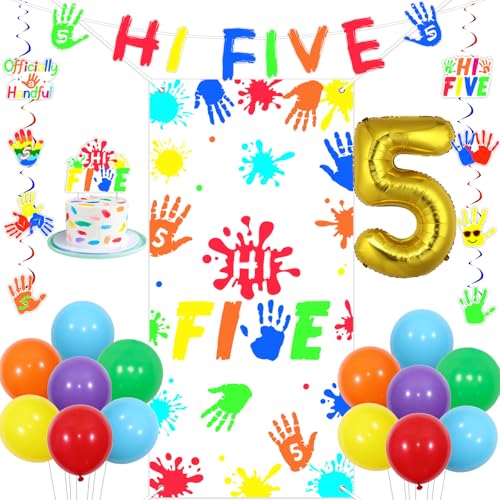 Funmemoir High Five Birthday Party Dekorationen - Hi Five Door Banner, Cake Topper, Hanging Swirls, Banner, Balloons for Rainbow Officially a Handful Handprint 5th Birthday Decorations Funmemoir High Five Birthday Party Dekorationen - Hi Five Door Banner, Cake Topper, Hanging Swirls, Banner, Balloons for Rainbow Officially a Handful Handprint 5th Birthday Decorations von Funmemoir