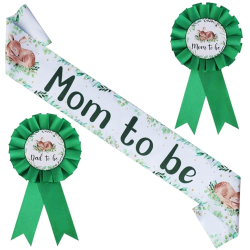 Funmemoir Hirsch-Baby-Party-Dekorationen – Oh Deer Mom to Be Schärpe und werdende Mutter & Papa to Be, Anstecknadeln, salbeigrün Waldtier-Baby-Party-Schärpe und Anstecknadel für frischgebackene Eltern von Funmemoir