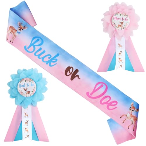 Funmemoir Hirsch Geschlecht Enthüllung Dekorationen - Buck or Doe Geschlecht Offenbarung Schärpe und Mama zu Be & Dad to Be Anstecknadeln, Waldtier Rosa und Blau Junge oder Mädchen Neue Eltern von Funmemoir