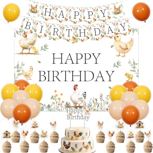 Funmemoir Huhn Happy Birthday Dekorationen - Hintergrund, Banner, Kuchen Cupcake Topper, Luftballons für kleine Küken 1. 2. 3. Geburtstag Party Bauernhof Tiere Barnyard Party Dekor für Jungen Mädchen von Funmemoir