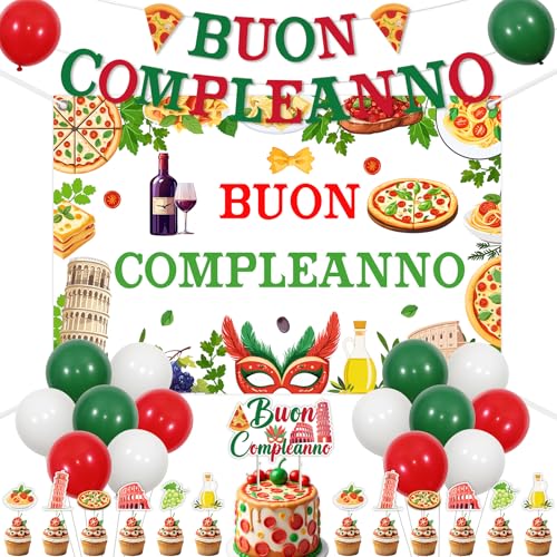 Funmemoir Italien Party Dekorationen - Buon Compleanno Geburtstag Party Banner Hintergrund Kuchen Topper Cupcake Toppers Luftballons für I Love Italy Italian Pizza Happy Birthday Party Dekorationen von Funmemoir