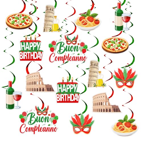 Funmemoir Italienische Geburtstagsparty-Dekorationen – 24 Stück Buon Compleanno hängende Wirbel, doppelseitige hängende Spiraldekorationen für Männer und Frauen, I Love Italy, Pizza-Thema von Funmemoir
