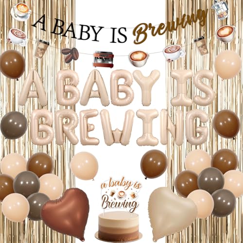 Funmemoir Kaffee Babyparty Dekorationen - A Baby Is Brewing Banner, Girlande, Cake Topper, Luftballons, Folienfransen für Something Sweet Is Brewing Cafe Latte Coffee Bar Hourse Shop Baby Shower Decor von Funmemoir