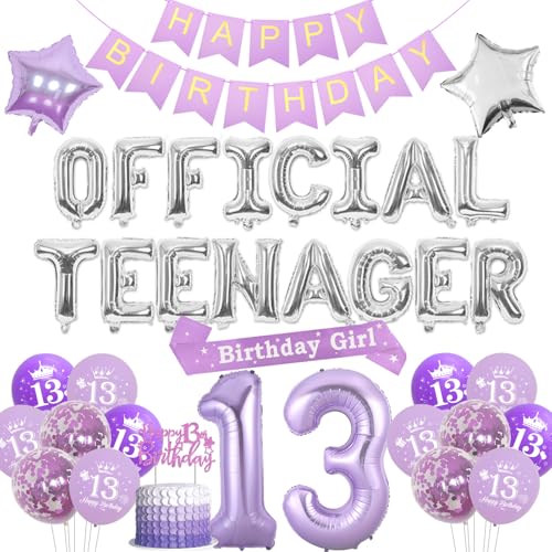Funmemoir Lila 13 Geburtstag Dekorationen für Mädchen - Offizielle Teenager Luftballons Banner Schärpe Kuchen Topper Stern Folienballons für Teenager Mädchen 13 Jahre alt Geburtstag Party Supplies von Funmemoir