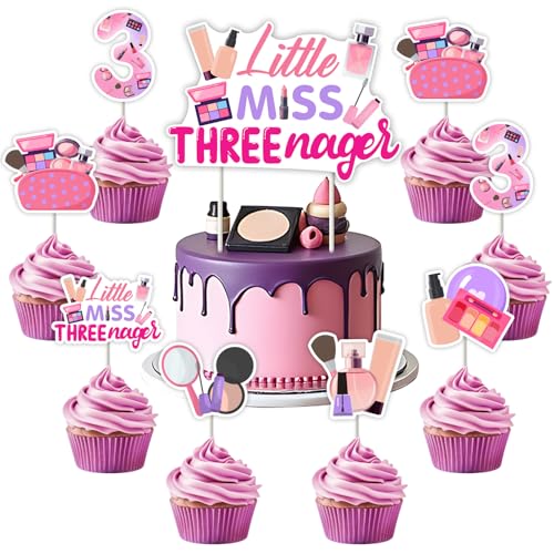 Funmemoir Little Miss Threenager Geburtstagsdekoration, Make-up, 3. Geburtstag, Party-Dekoration – 1 Tortenaufsatz und 24 Stück Kuchendekorationen für Spa, Kosmetik, Schönheit, Kuchendekorationen für von Funmemoir