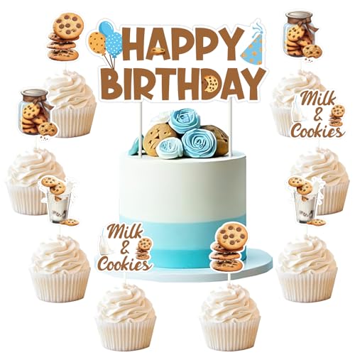 Funmemoir Milch- und Keks-Dekorationen zum 1. Geburtstag, für Jungen, 25 Stück, Milch- und Keks-Thema, Happy Birthday, Kuchendekoration, doppelseitig, bedruckt, für Jungen, Partyzubehör von Funmemoir