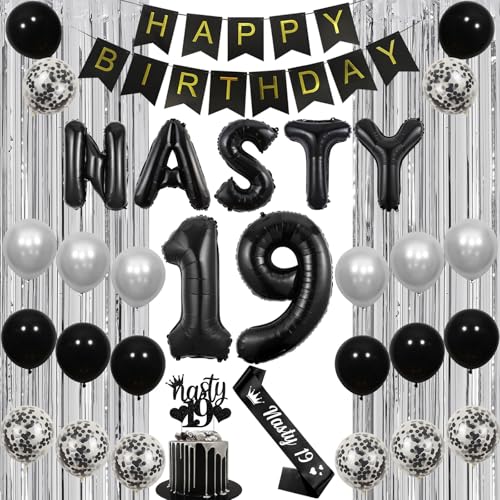 Funmemoir Nasty 19 Geburtstag Dekorationen Schwarz und Silber - Happy Birthday Banner, Folienfransen, Nasty 19 Cake Topper, Schärpe, Luftballons für Happy 19th Birthday Party Dekorationen Funmemoir Nasty 19 Geburtstag Dekorationen Schwarz und Silber - Happy Birthday Banner, Folienfransen, Nasty 19 Cake Topper, Schärpe, Luftballons für Happy 19th Birthday Party Dekorationen von Funmemoir