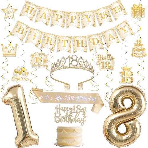 Funmemoir Party-Dekorationen zum 18. Geburtstag, für Mädchen, Weiß und Gold, Happy 18th Birthday, Kuchendekoration, Krone und Schärpe, hängende Wirbel, Luftballons für achtzehn 18 Jahre alte Funmemoir Party-Dekorationen zum 18. Geburtstag, für Mädchen, Weiß und Gold, Happy 18th Birthday, Kuchendekoration, Krone und Schärpe, hängende Wirbel, Luftballons für achtzehn 18 Jahre alte von Funmemoir