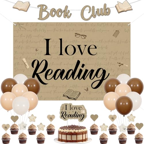 Funmemoir Partydekorationen im Vintage-Buch-Design – Ich liebe Lese-Kulisse, Kuchen- und Cupcake-Topper, Luftballons, Buchclub-Banner für Zeitung, Bibliothek, Bücher, Liebhaber, Geburtstagsfeier von Funmemoir
