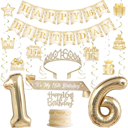 Funmemoir Partydekorationen zum 16. Geburtstag für Mädchen – Weiß und Gold Happy 16th Birthday Banner Kuchen Topper Krone und Schärpe hängende Wirbel Luftballons für 16 Jahre alte Party Dekorationen Funmemoir Partydekorationen zum 16. Geburtstag für Mädchen – Weiß und Gold Happy 16th Birthday Banner Kuchen Topper Krone und Schärpe hängende Wirbel Luftballons für 16 Jahre alte Party Dekorationen von Funmemoir
