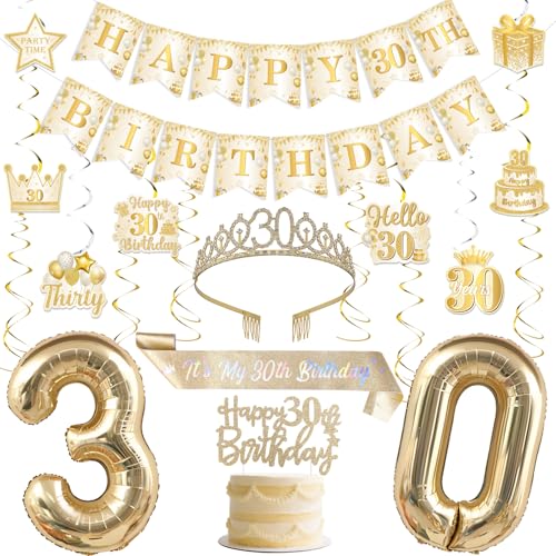 Funmemoir Partydekorationen zum 30. Geburtstag für Frauen, Weiß und Gold, Happy 30th Birthday, Banner, Kuchendekoration, Krone und Schärpe, hängende Wirbel, Luftballons für 30 Jahre alte Funmemoir Partydekorationen zum 30. Geburtstag für Frauen, Weiß und Gold, Happy 30th Birthday, Banner, Kuchendekoration, Krone und Schärpe, hängende Wirbel, Luftballons für 30 Jahre alte von Funmemoir