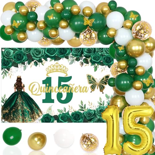 Funmemoir Quinceañera Party Dekorationen Grün und Gold 15 Geburtstag Dekorationen für Mädchen Ballon Girlande Kit mit Schmetterling Wandaufkleber Hintergrund Folienballons für Floral Crown Party von Funmemoir