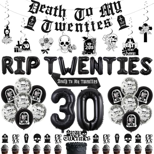 Funmemoir Rip 20er Jahre Geburtstag Dekorationen - Schwarz 30. Geburtstag Dekorationen Death To My Twenties Banner Schärpe Cupcake Kuchen Topper Hängende Wirbel für Frauen Gothic 30. Geburtstag Party von Funmemoir