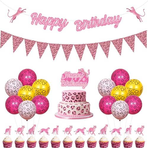 Funmemoir Rosa Geparden-Druck Geburtstagsdekorationen - Happy Birthday Banner, rosa Gepard Cupcake & Kuchen Topper, Leopardenmuster Ballons für Mädchen Frauen Dschungel Safari Tiere Thema Party Funmemoir Rosa Geparden-Druck Geburtstagsdekorationen - Happy Birthday Banner, rosa Gepard Cupcake & Kuchen Topper, Leopardenmuster Ballons für Mädchen Frauen Dschungel Safari Tiere Thema Party von Funmemoir
