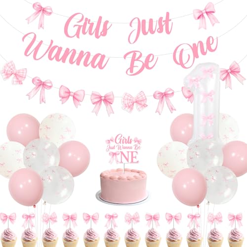 Funmemoir Rosa Schleife 1. Geburtstag Party Dekorationen Mädchen Just Wanna Be One Banner Girlande Geburtstag Kuchen und Cupcake Topper für Mädchen Rosa Schleife Thema Erster Geburtstag Dekorationen von Funmemoir
