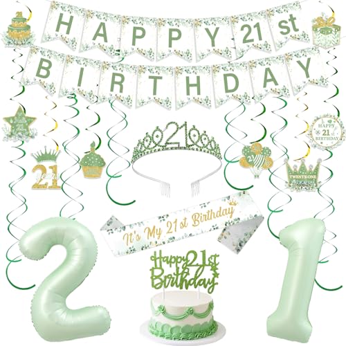 Funmemoir Salbeigrün 21. Geburtstag Dekorationen – Happy 21st Birthday Banner Kuchen Topper hängende Wirbel Luftballons Krone und Schärpe für It's My 21st Year Old Party von Funmemoir