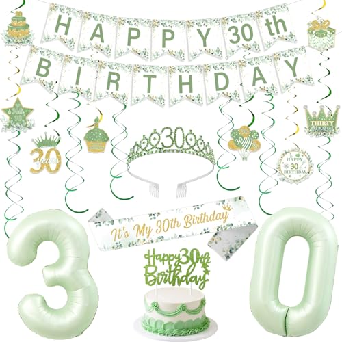 Funmemoir Salbeigrün 30 Geburtstag Dekorationen, Happy 30th Birthday Dekorationen für Sie Frauen - It's My 30 Party Banner, Cake Topper, hängende Wirbel, Luftballons, Krone und Schärpe für Dreißig Funmemoir Salbeigrün 30 Geburtstag Dekorationen, Happy 30th Birthday Dekorationen für Sie Frauen - It's My 30 Party Banner, Cake Topper, hängende Wirbel, Luftballons, Krone und Schärpe für Dreißig von Funmemoir