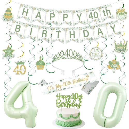 Funmemoir Salbeigrün 40 Geburtstag Dekorationen für Frauen - Happy 40th Birthday Party Banner, Cake Topper, hängende Wirbel, Luftballons, Krone und Schärpe für Forty Its My 40th Party Funmemoir Salbeigrün 40 Geburtstag Dekorationen für Frauen - Happy 40th Birthday Party Banner, Cake Topper, hängende Wirbel, Luftballons, Krone und Schärpe für Forty Its My 40th Party von Funmemoir