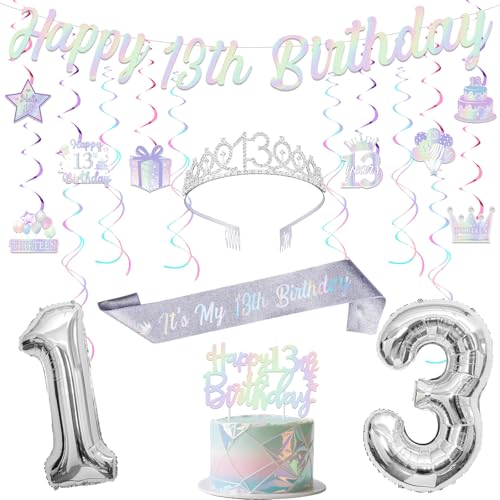 Funmemoir Schillernde 13 Geburtstag Dekorationen für Mädchen, Silber Happy 13th Birthday Banner Cake Topper Hängende Wirbel, Krone und Schärpe für Teenager 13 Jahre alt Bday Party Funmemoir Schillernde 13 Geburtstag Dekorationen für Mädchen, Silber Happy 13th Birthday Banner Cake Topper Hängende Wirbel, Krone und Schärpe für Teenager 13 Jahre alt Bday Party von Funmemoir