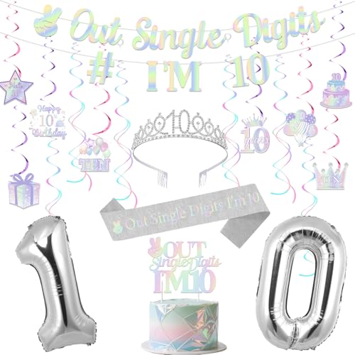Funmemoir Schillernde Dekoration zum 10. Geburtstag für Mädchen - Out Single Digits I'm 10 Banner, Cake Topper, hängende Wirbel, Krone und Schärpe für silberne Doppelstellige 10 Jahre alte Funmemoir Schillernde Dekoration zum 10. Geburtstag für Mädchen - Out Single Digits I'm 10 Banner, Cake Topper, hängende Wirbel, Krone und Schärpe für silberne Doppelstellige 10 Jahre alte von Funmemoir