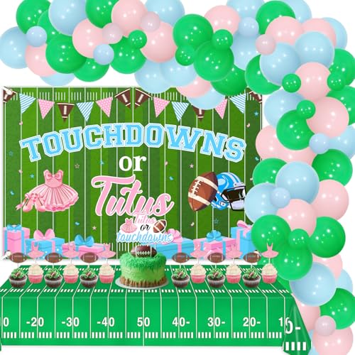 Funmemoir Touchdowns oder Tutus Gender Reveal Dekorationen – Touchdowns oder Tutus Hintergrund mit Ballonbogen-Set, Tischdecke, Cupcake-Kuchenaufsätze für Fußball-Thema, Geschlechtsoffenbarung von Funmemoir