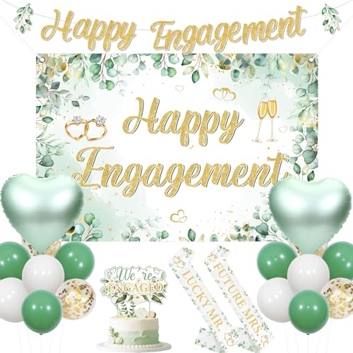 Funmemoir Verlobungsdekorationen, grünes Happy Engagement Hintergrund Banner We're Engaged Cake Topper Future Mrs.& Lucky Mr. Schärpe Ballons für Salbeigrün Paar Hochzeit Brautparty von Funmemoir