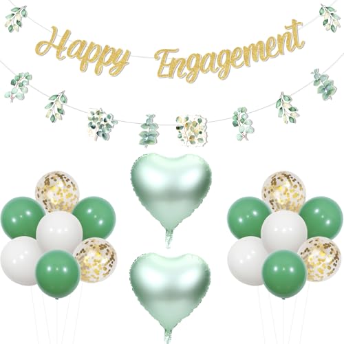 Funmemoir Verlobungsdekorationen Grün - Happy Engagement Banner, Girlande, Latex & Folienballons, Salbeigrün Happy Engaged Party Supplies für Brautdusche Hochzeit Party von Funmemoir