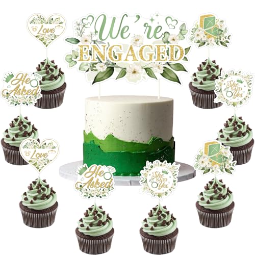 Funmemoir Verlobungsparty-Dekorationen, Salbeigrün – "We're Engaged"-Kuchenaufsatz und 12 Cupcake-Topper, He Asked She Said Yes Kuchendekorationen für Verlobung, Hochzeit, Brautparty Funmemoir Verlobungsparty-Dekorationen, Salbeigrün – "We're Engaged"-Kuchenaufsatz und 12 Cupcake-Topper, He Asked She Said Yes Kuchendekorationen für Verlobung, Hochzeit, Brautparty von Funmemoir