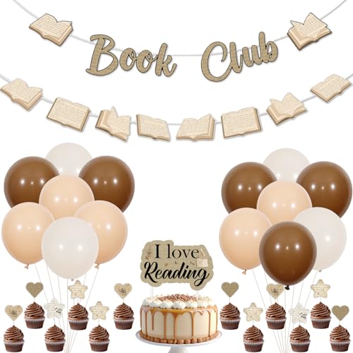 Funmemoir Vintage-Buch-Club-Dekorationen, "I Love Reading", Cupcake-Topper, Banner, Girlande, Luftballons, Zeitung, Bibliothek, Bücher, Liebhaber, Schule, Klassenzimmer, Zuhause, Geburtstag, Babyparty von Funmemoir