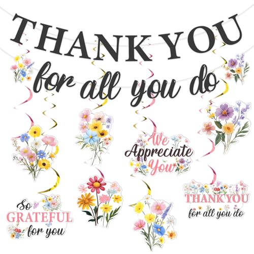 Funmemoir Wildflower Thank You for All You Do Banner & Hanging Swirls Decor Set - Floral Appreciation Party Decorations with We Appreciate You Sign for Women Recognition Events von Funmemoir