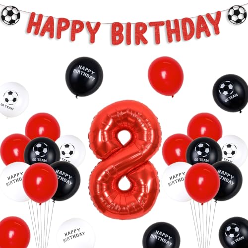 Fußball 8 Geburtstag Dekorationen Rot - Fußball Happy Birthday Banner Rot, Fußball Folienballons, 8 Folienzahlen Ballon, Fußball Druck Luftballons, Fußball Fans Geburtstag Dekorationen Alter 8 von Funmemoir