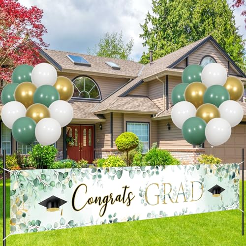 Greenery Graduation Party Dekorationen 2024 Congrats Grad Yard Banner mit Latex-Luftballons, großes Abschluss-Hof-Schild, Rasendekorationen für Klasse von 2024 Botanische Abschlussfeier von Funmemoir