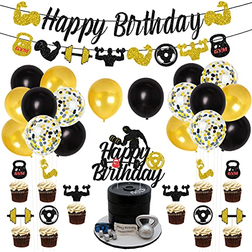 Gym Geburtstag Party Dekorationen Schwarz und Gold Fitness Motto Party Dekorationen für Männer Gewichtheben Thema Party Supplies mit Fitness Cake Topper Glitzer Gym Happy Birthday Banner von Funmemoir