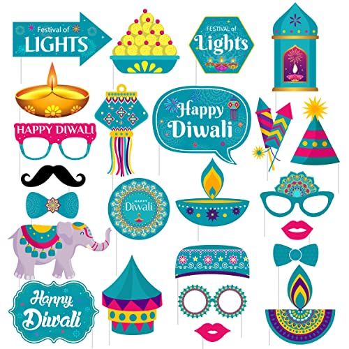 Happy Diwali Decorations - Happy Diwali Photo Booth Requisiten, 24-teiliges Indien Festival of Lights Photo Prop Kit, Deepavali Party Zubehör von Funmemoir