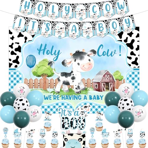 Kuh-Babyparty-Dekorationen für Jungen, Heilige Kuh "It's a Boy" – Blauer Kuh-Druck, Banner, Kuh-Thema, Kuchen-Cupcake-Topper für Bauernhoftiere, Babyparty-Dekoration von Funmemoir