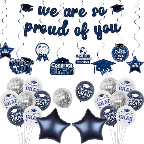 Marineblau Abschlussdekorationen 2024 Abschluss hängende Wirbel We Are so Proud of You Banner Luftballons Dunkelblau Klasse von 2024 Congrats Grade High School College I Am Done Graduation Party von Funmemoir