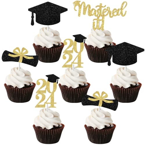 Masters Graduation Decorations 2024, 36 Pcs Mastered It Cupcake Toppers, Containing Bachelor Cap, Diploma, Mastered It, 2024 Cupcake Toppers for Class Of 2024 Congrats Grade Decorations von Funmemoir