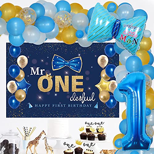 Mr Onederful 1. Geburtstag Dekorationen für Junge Blau und Gold Ballon Girlande Kit mit Foto Hintergrund Fliege Folienballons, Mr Onederful Thema Party Supplies für Junge Erster Geburtstag von Funmemoir