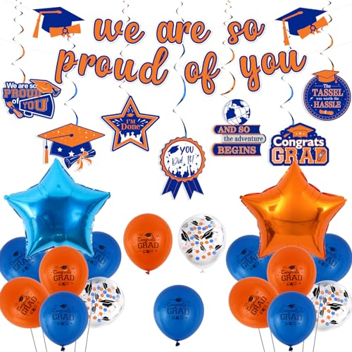 Orange und Blau Abschlussdekorationen 2024 Abschluss Hängende Wirbel We Are So Proud Of You Banner Star Folienballons für High School College Class of 2024 Congrats Grade Party Dekorationen von Funmemoir