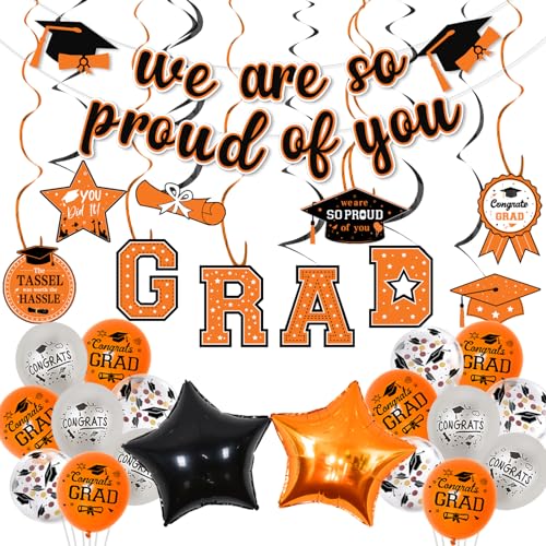 Orange und Schwarz Abschlussdekorationen 2024 Abschlussfeier hängende Wirbel We Are So Proud of You Banner Ballons für High School College Class of 2024 Congrats Grade Graduation Party Dekorationen von Funmemoir