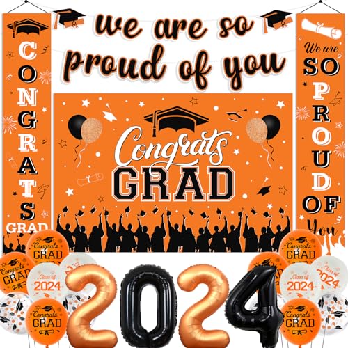 Orange und Schwarz Abschlussdekorationen 2024 Congrats Grad Hintergrund Abschluss Veranda Schild We are so Proud of You Banner 2024 Folienballons für High School College Graduation Congratulations von Funmemoir