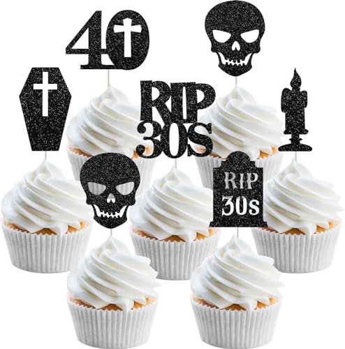 Party-Dekorationen zum 40. Geburtstag im Gothic-Stil – 24 Stück "Rip to My 30s Cupcake-Topper", "Death to My Thirties" Dekorationen, Beerdigung für meine Jugend zum 40. Geburtstag von Funmemoir