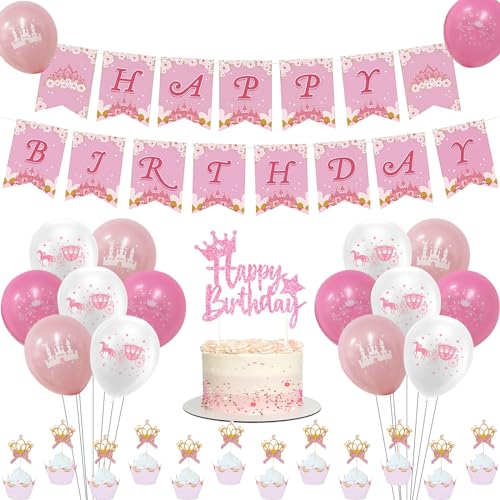 Prinzessin Geburtstag Dekorationen, Rosa Happy Birthday Banner, Glitzer Cake Topper, Krone Cupcake Topper, Kutschenschloss Luftballons für Mädchen Fee Prinzessin Thema 1. 2. 3. 4. 5. 6. Geburtstag von Funmemoir