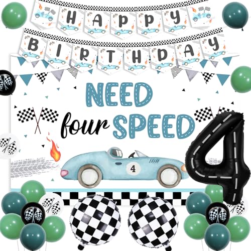 Racing 4th Birthday Party Decorations, Need for Speed Backdrop, Racing Car Birthday Banner, Number 4 Checkered Foil Balloon for Boys Vintage Race Car Theme 4 Year Old Party Decorations von Funmemoir