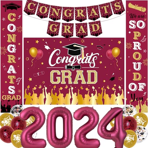 Rote und goldene Abschlussdekorationen 2024 Congrats Grad Hintergrund Banner Abschluss Veranda Schild 2024 Foliennummernballons für Klasse von 2024 High School College Abschluss Glückwunsch von Funmemoir