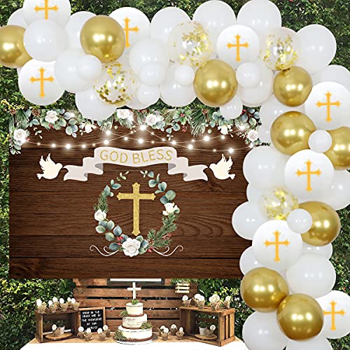 Taufe Party Dekorationen Weiß und Gold Erste Heilige Kommunion Dekorationen für Jungen Mädchen Ballon Girlande Kit mit Rustikalen Holz Hintergrund, Gott Segen Taufe Dekorationen für Party von Funmemoir