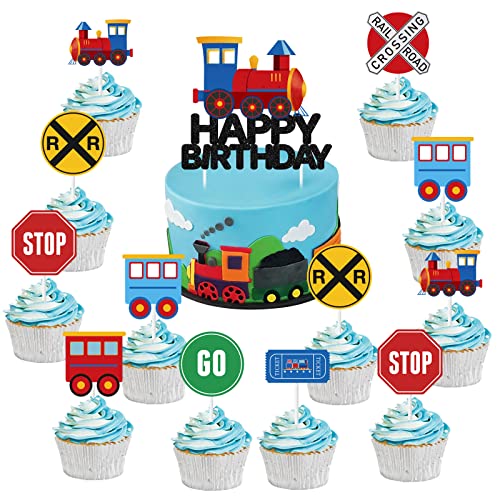 Train Cake Toppers für Jungen, 25 Stück Transport Cupcake Topper, Verkehr Alles Gute zum Geburtstag Kuchen Dekorationen für Geburtstagsfeier, Eisenbahn Zug Kreuzende Themen Party Dekorationen von Funmemoir